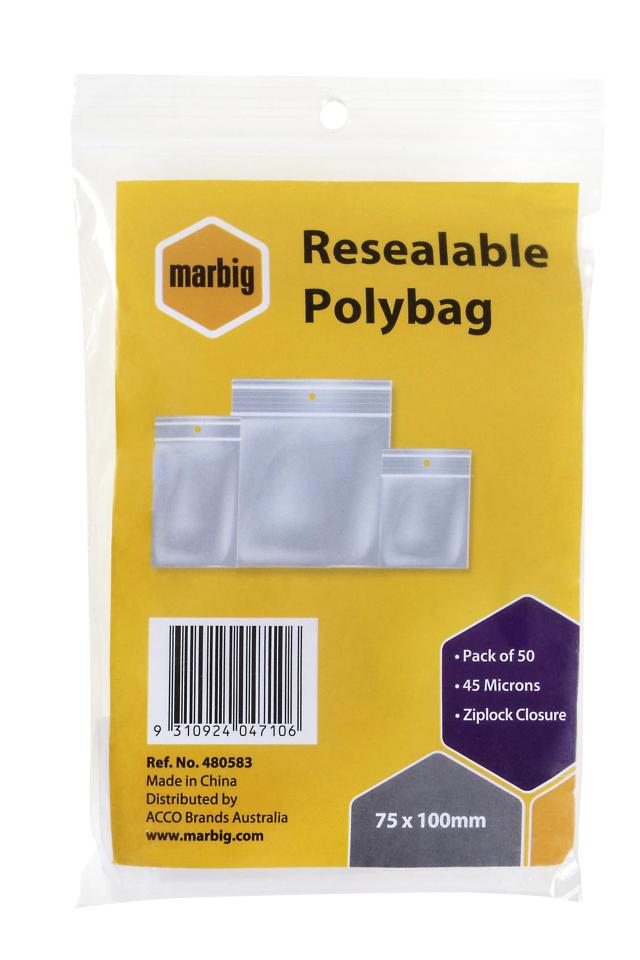 Marbig Resealable Polybag 75 x 100mm Ziplock Closure 45 Microns Pack 50