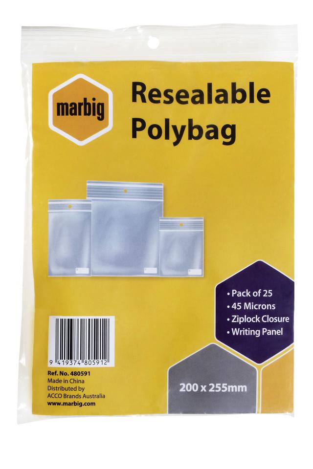 Marbig Resealable Polybag 200 x 255mm Writing Panel Ziplock Closure 45 Microns Pack 25