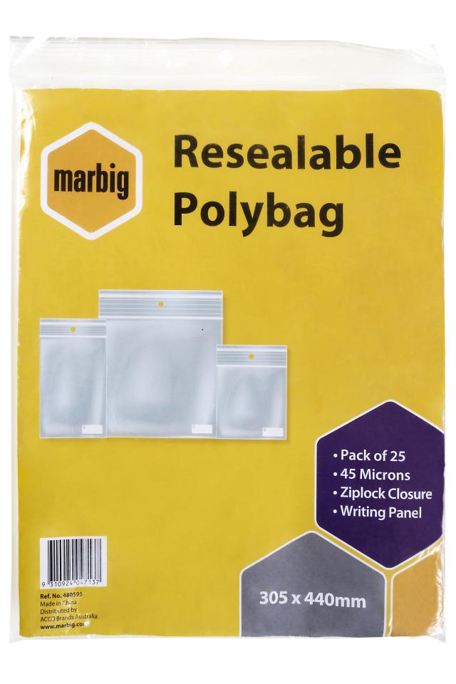 Marbig Resealable Polybag 305 x 440mm Writing Panel Ziplock Closure 45 Microns Pack 25