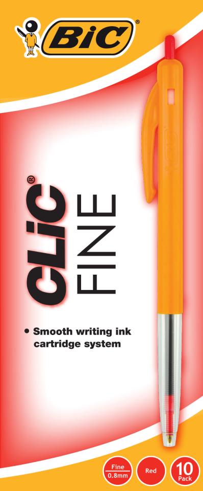 BIC Clic Fine Ballpoint Pen Retractable 0.7mm Red Box 10