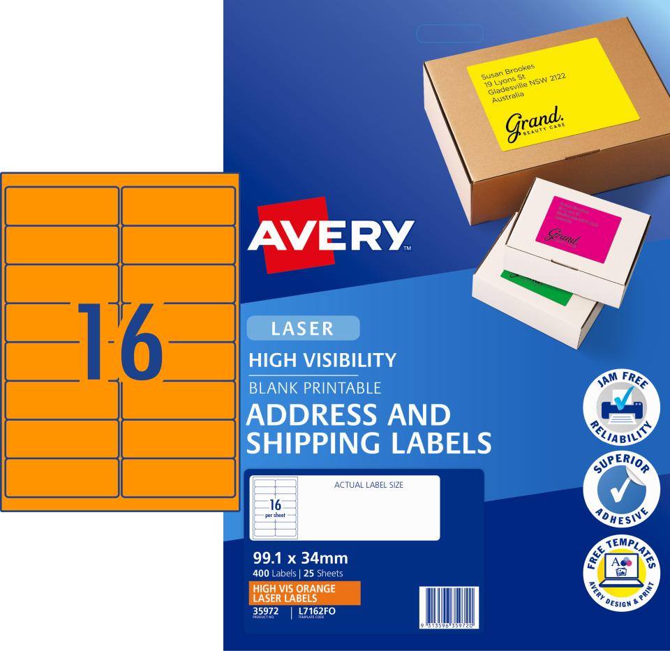 Avery Fluoro Orange High Vis Shipping Labels Laser Printers 99.1 x 34mm 400 Labels (35972 / L7162FO)