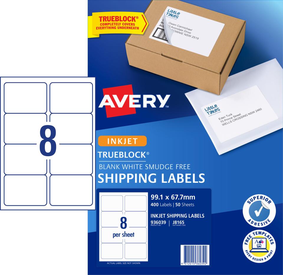 Avery Shipping Labels with Trueblock for Inkjet Printers 99.1 x 67.7mm 400 Labels (936039 / J8165)