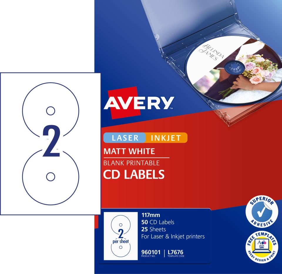 Avery White CD Labels for Laser & Inkjet Printers, 117 mm diameter, 50 Labels (960101 / L7676)