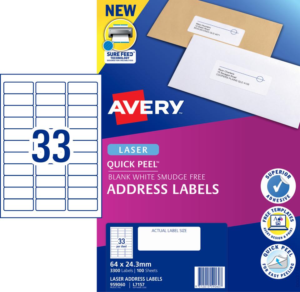 Avery Quick Peel Address Labels Sure Feed Laser Printers, 64 x 24.3 mm, 3300 Labels (959060 / L7157)