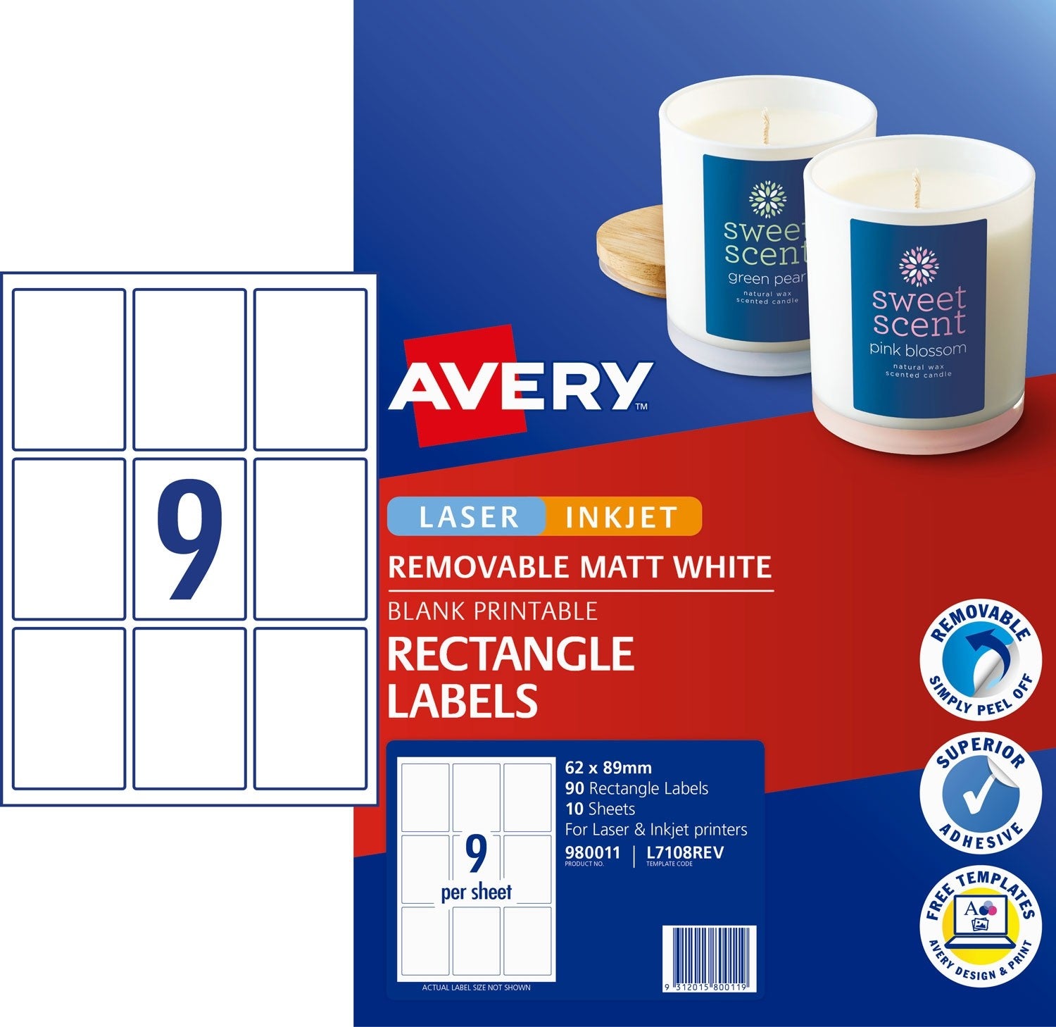 Avery Label L7108 "Removable" Rectangular White 18up 10 Sheets Avery # 980011