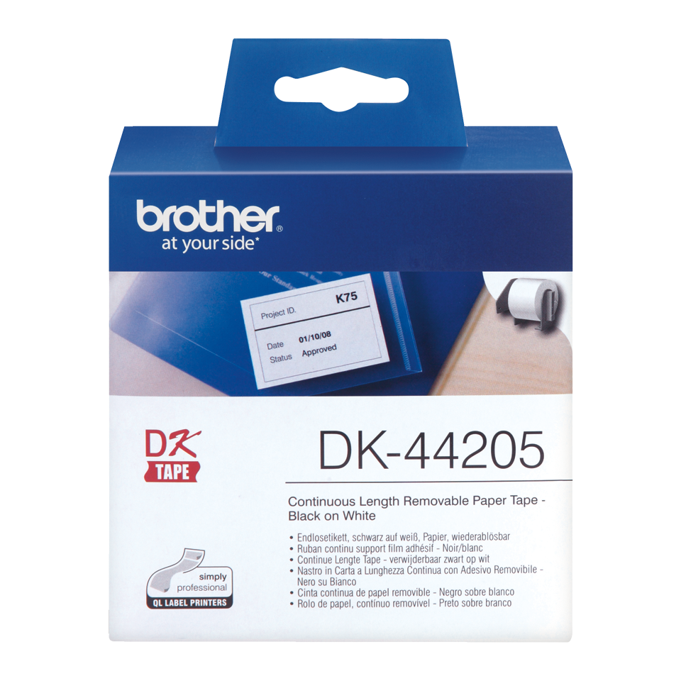 Brother DK-44205 Continuous Paper Label Roll with Removable Adhesive – Black on White, 62mm