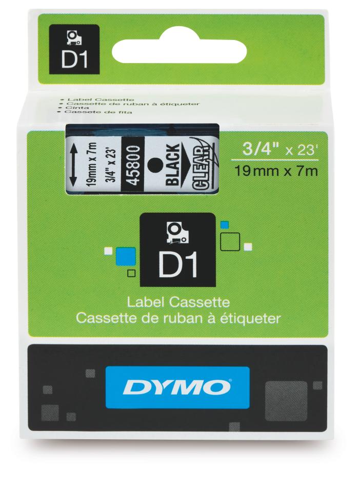 Dymo D1 Label Printer Tape 19mm x 7m Black On Clear S0720820 / SD45800