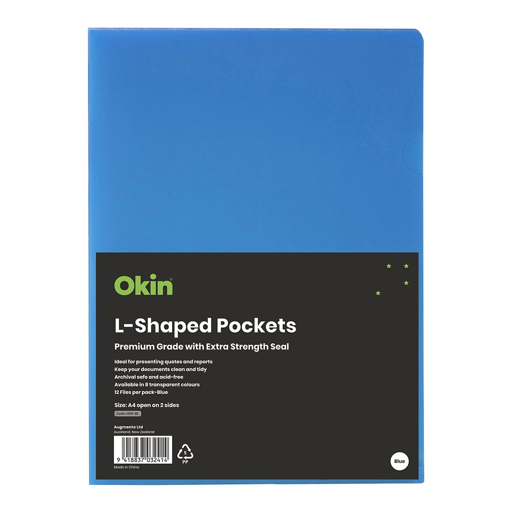 Okin L Shaped Pockets A4 Blue, Pack of 12