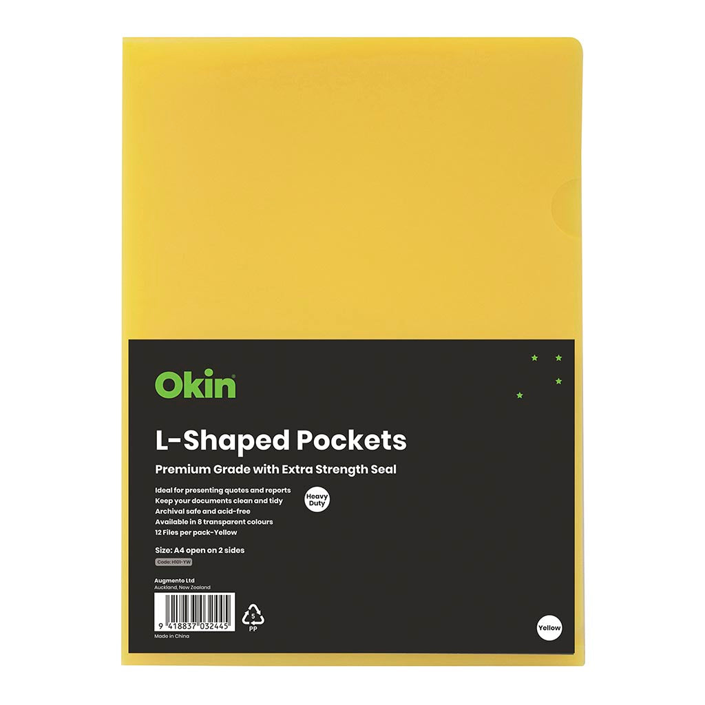 Okin L Shaped Pockets A4 Yellow, Pack of 12