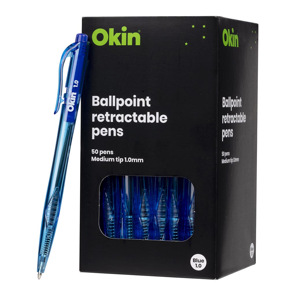 Okin Ballpoint Retractable Pens Blue, Pack of 50