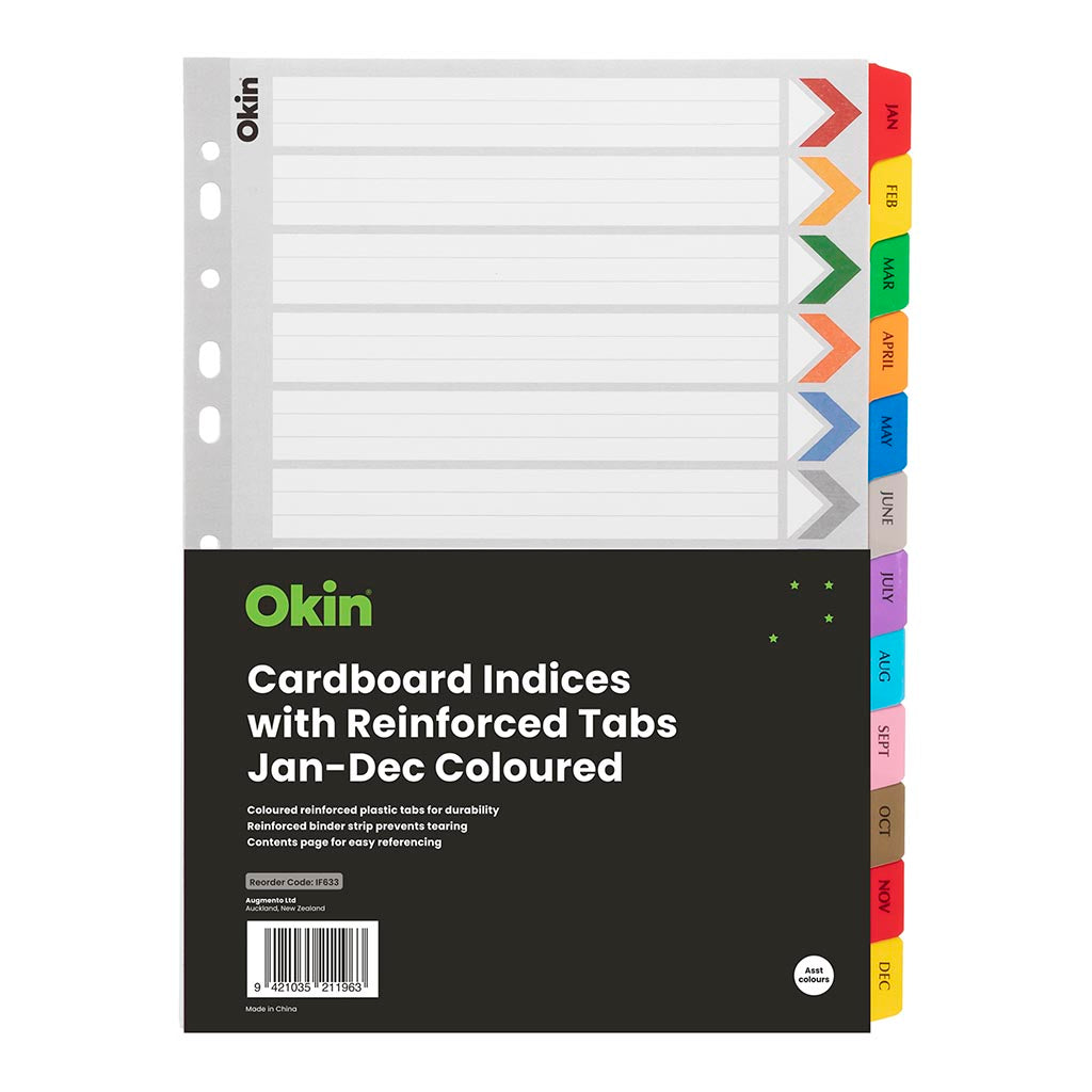 Okin Cardboard Indices with Reinforced Tabs Jan-Dec Coloured