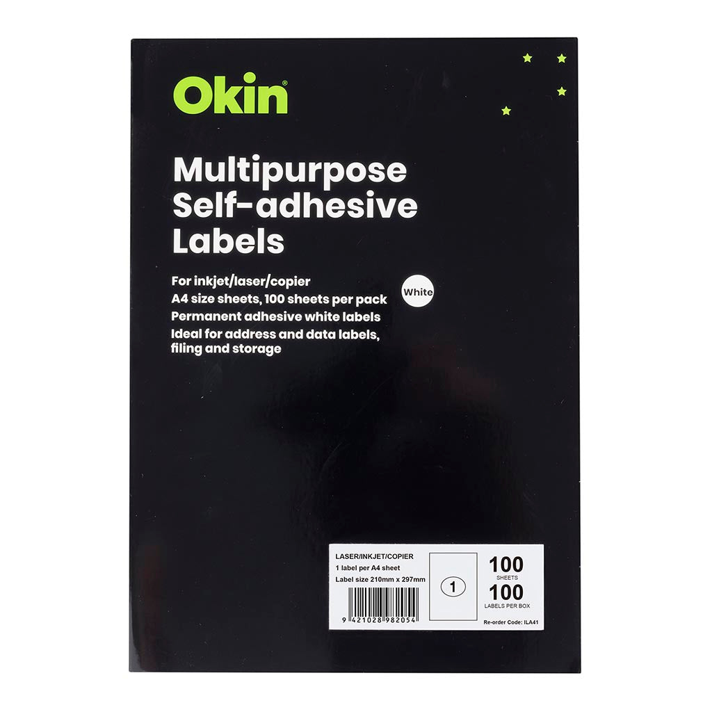 Okin Multipurpose Labels 1 Per Sheet 210x297mm, Pack of 100