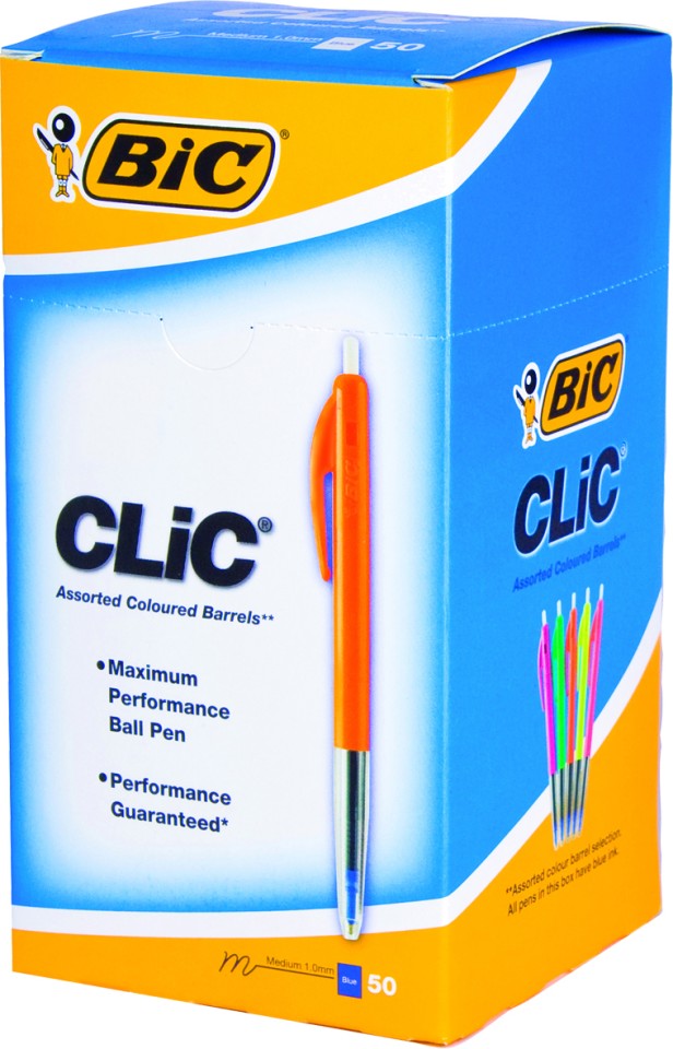 BIC Clic Medium Ballpoint Pen Retractable 1.0mm Assorted Colour Barrels Blue Ink Box 50