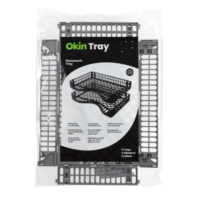 Okin Document Tray With Stackers Stone Grey Pack 2