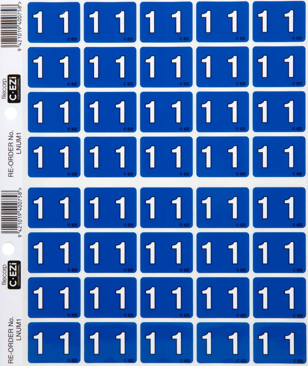 Filecorp C-Ezi Numeric Lateral Labels Number 1, 24mm Sheet of 40