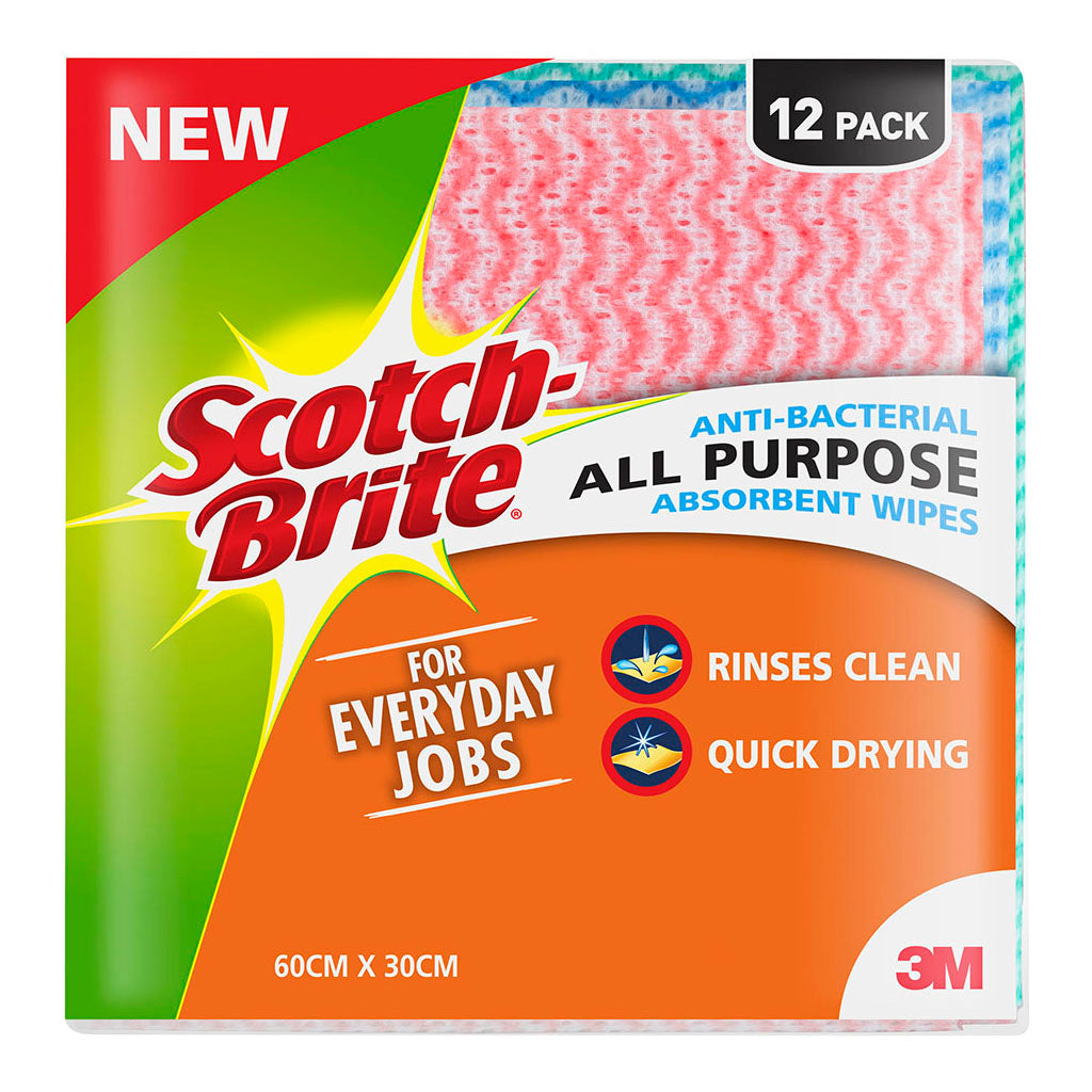 Scotch-Brite Anti-Bacterial All Purpose Absorbent Wipes 60cm x 30cm Multi Pack of 12