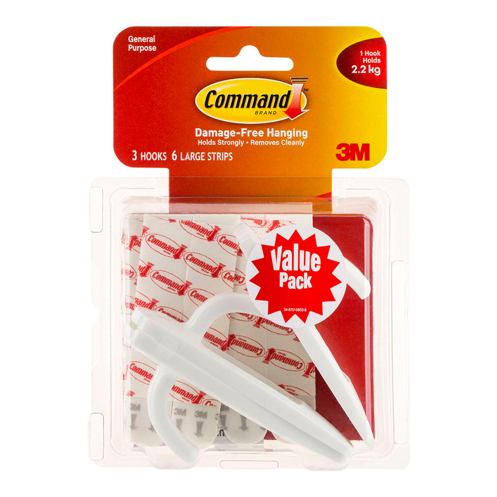 Command Hook 17003-3 Large White Pk/3