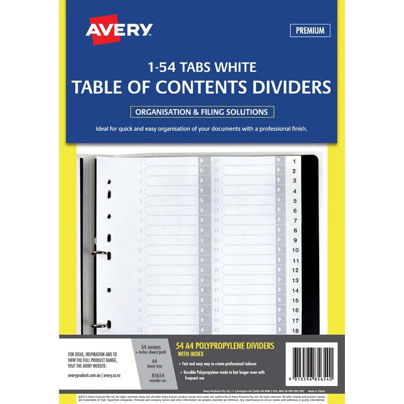 Avery Dividers A4 1-54 Tab White Polyprop