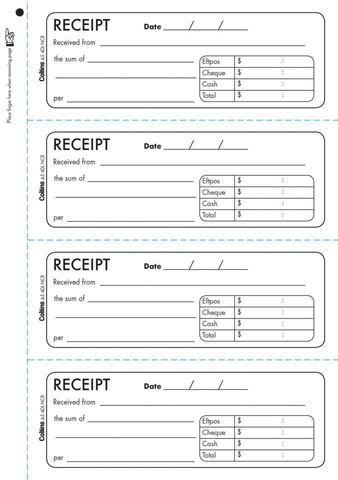 Collins Cash Receipt A5 4dl 100 Leaf Duplicate No Carbon Required