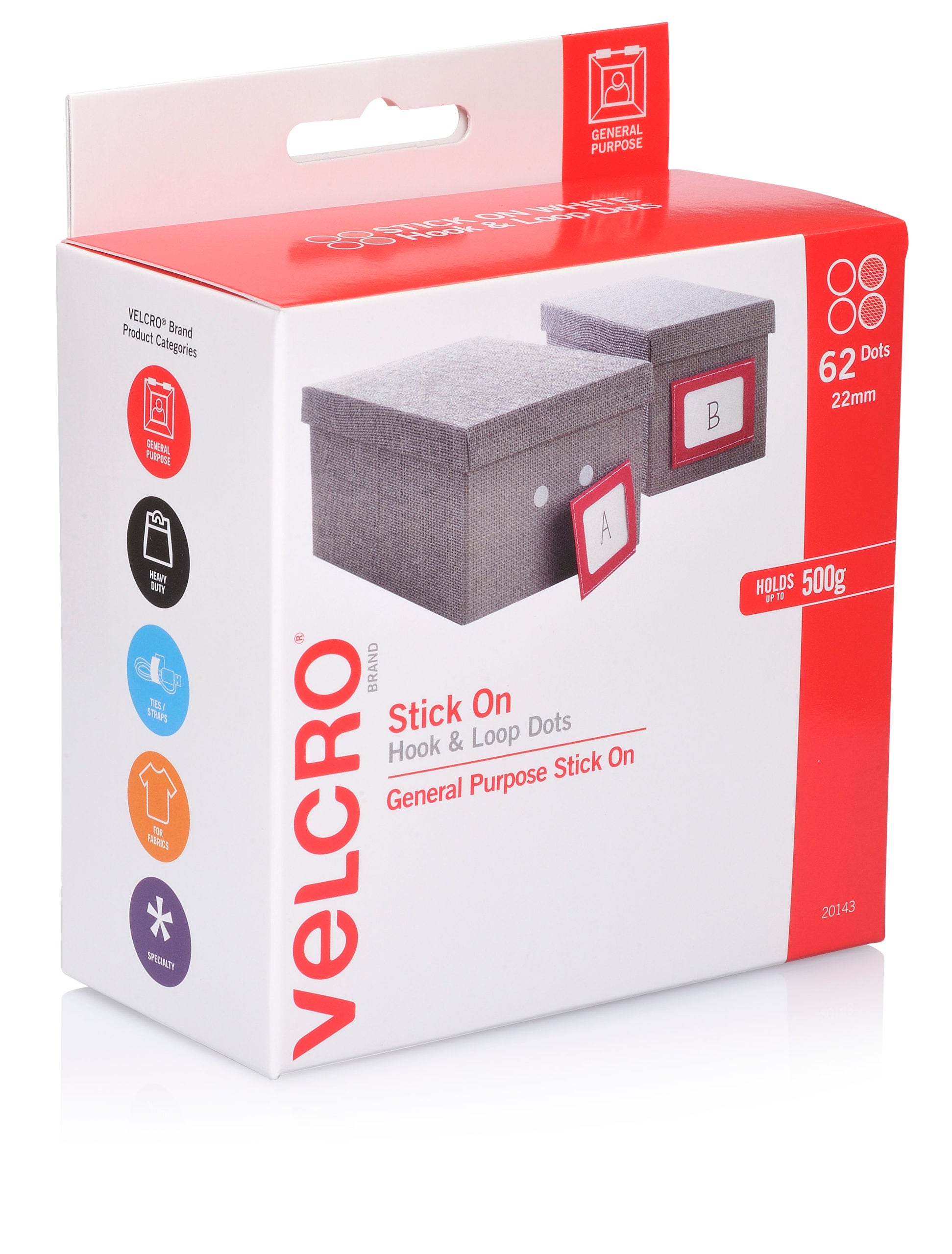 22 mm x 62 pairs hook & loop spot pack – White