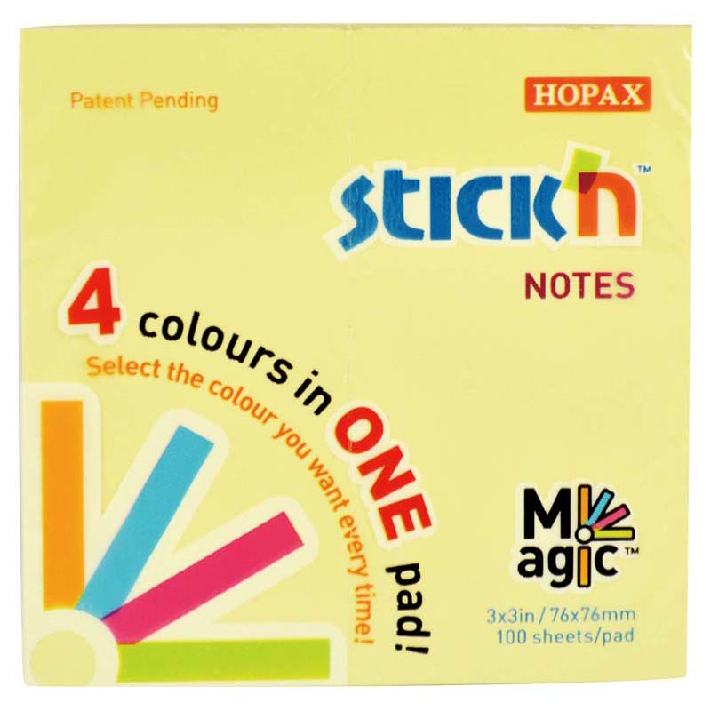 Stick'n Notes Magic Pad Pastel 76x76mm 100 Sheets 4 Colours