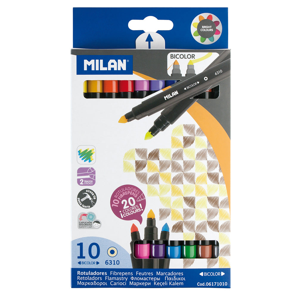Milan Markers Bicolor Double Ended Tip Pens 10 Pack 20 Assorted Colour ...