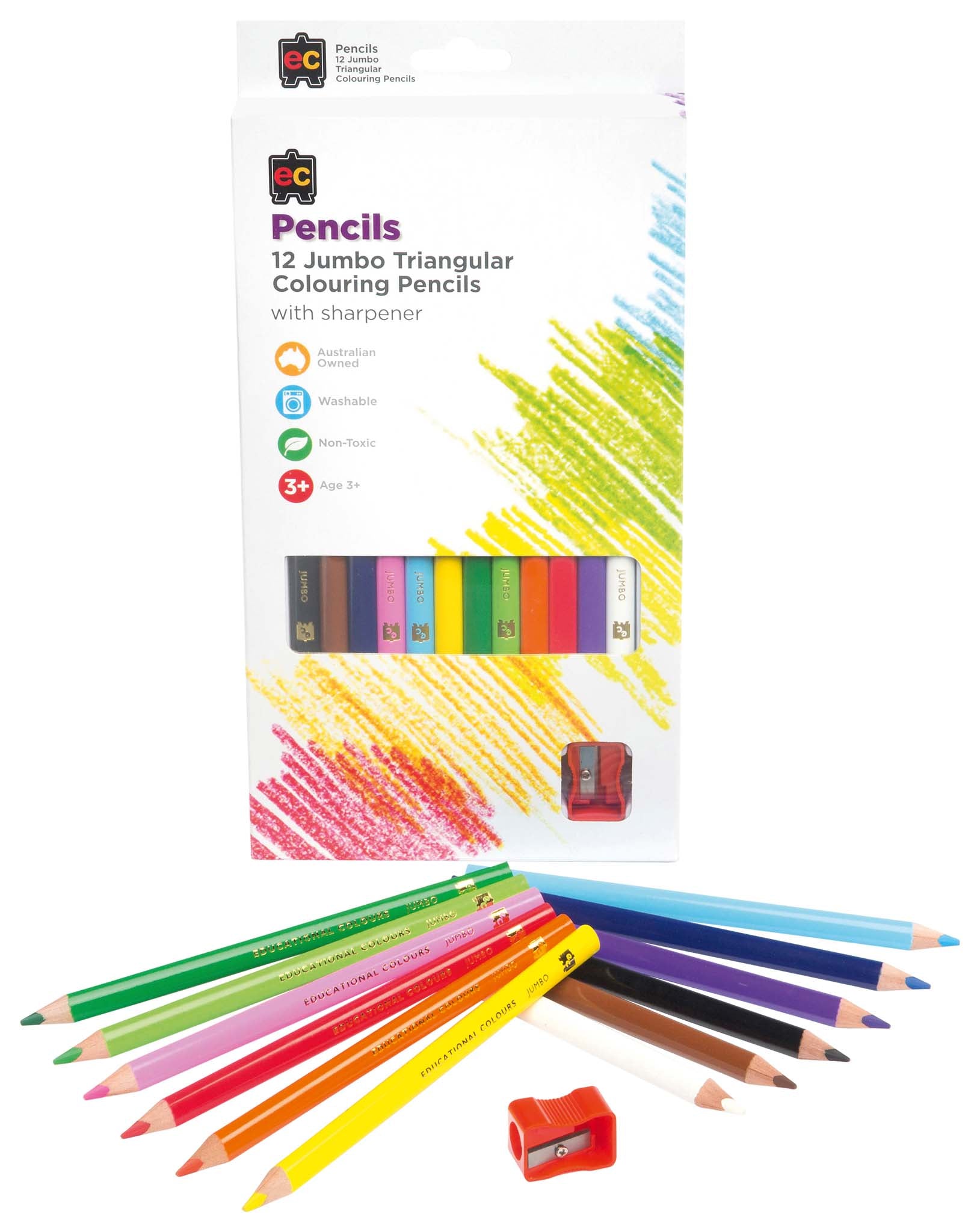 EC Triangular Pencils Pack 12 Washable Assorted Colours With Sharpener