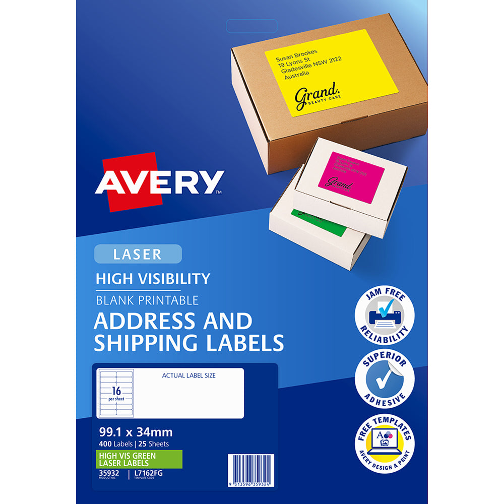 Avery Shipping Label L7162FG Fluoro Green 99.1x34mm FSC Mix Credit 16up 25 Sheets Laser