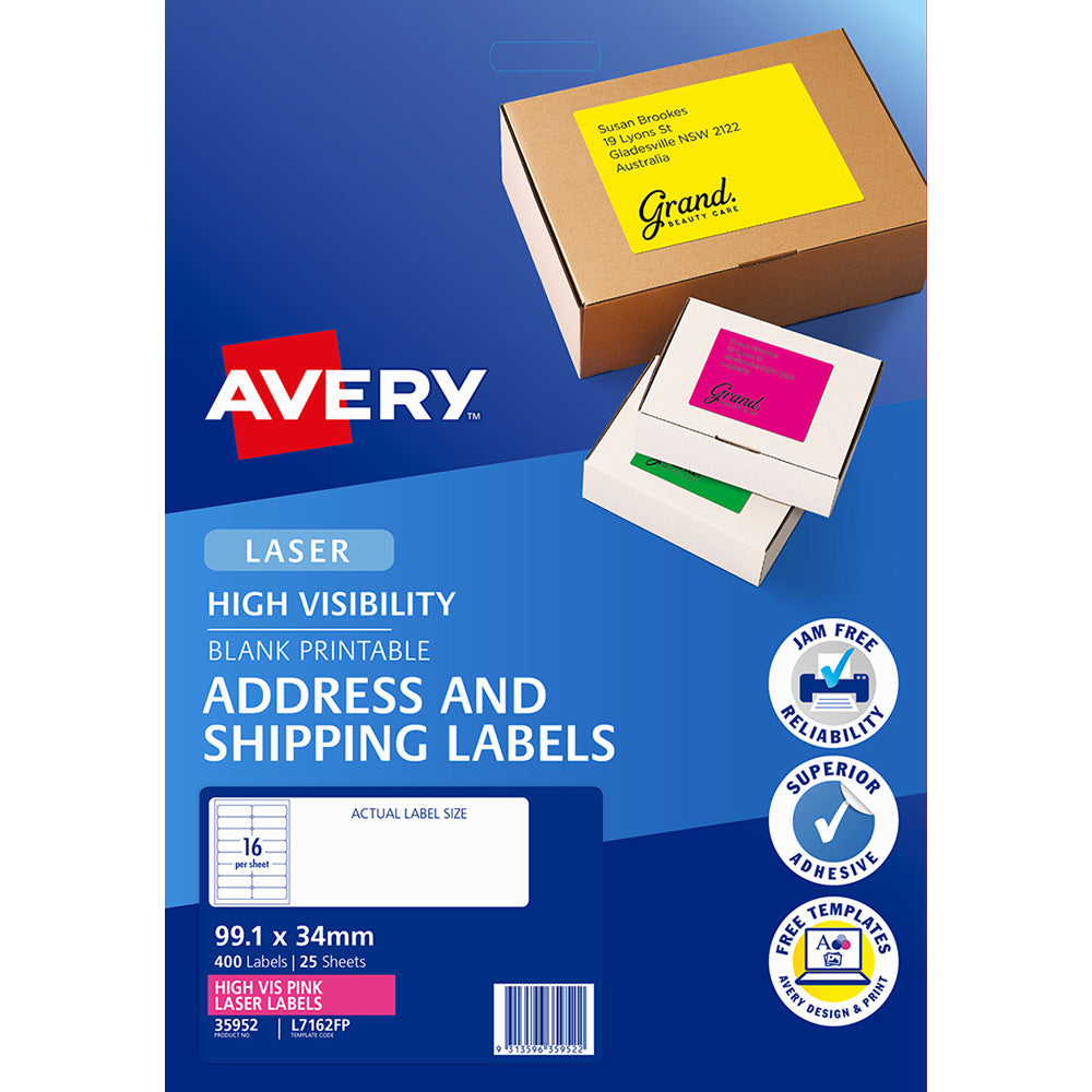 Avery Shipping Label L7162FP Fluoro Pink Laser 99.1x34mm FSC Mix Credit 16up 25 Sheets