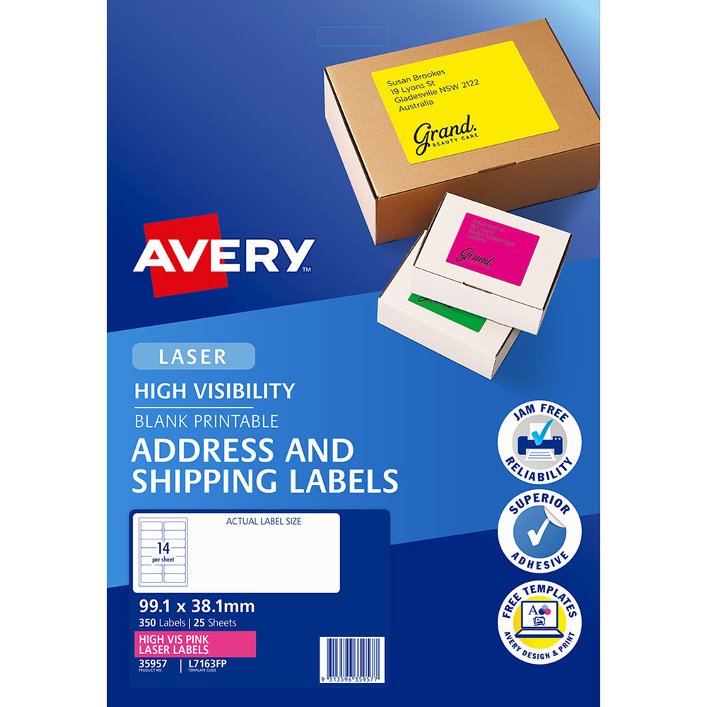 Avery Shipping Label L7163FP Flo Pink Laser 99.1x38.1mm FSC Mix Credit 14up 25 Sheets