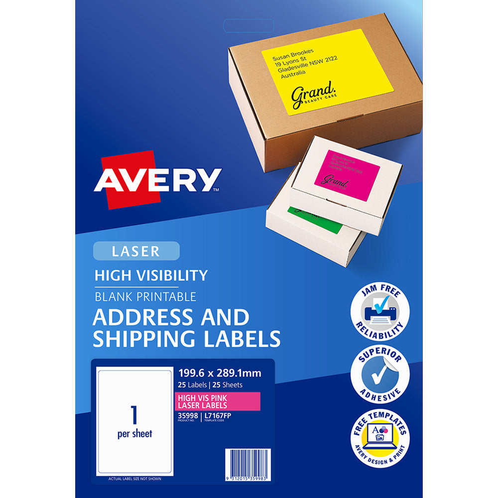 Avery Shipping Label L7167FP Flo Pink Laser 199.6 X 289.1mm FSC Mix Credit 1up 25 Sheets