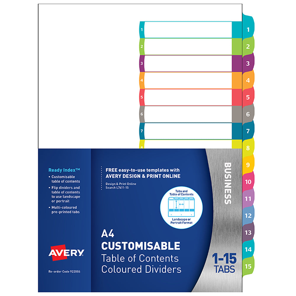 Avery Customisable Table Of Contents A4 1-15 Tabs Coloured FSC Mix Credit