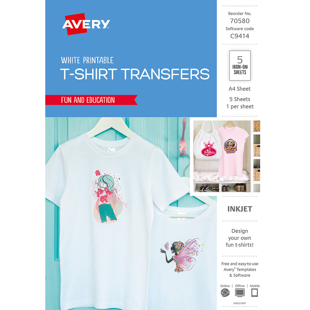Avery Tshirt Transfer Inspired IJ76 A4 White 1up 5 Sheets