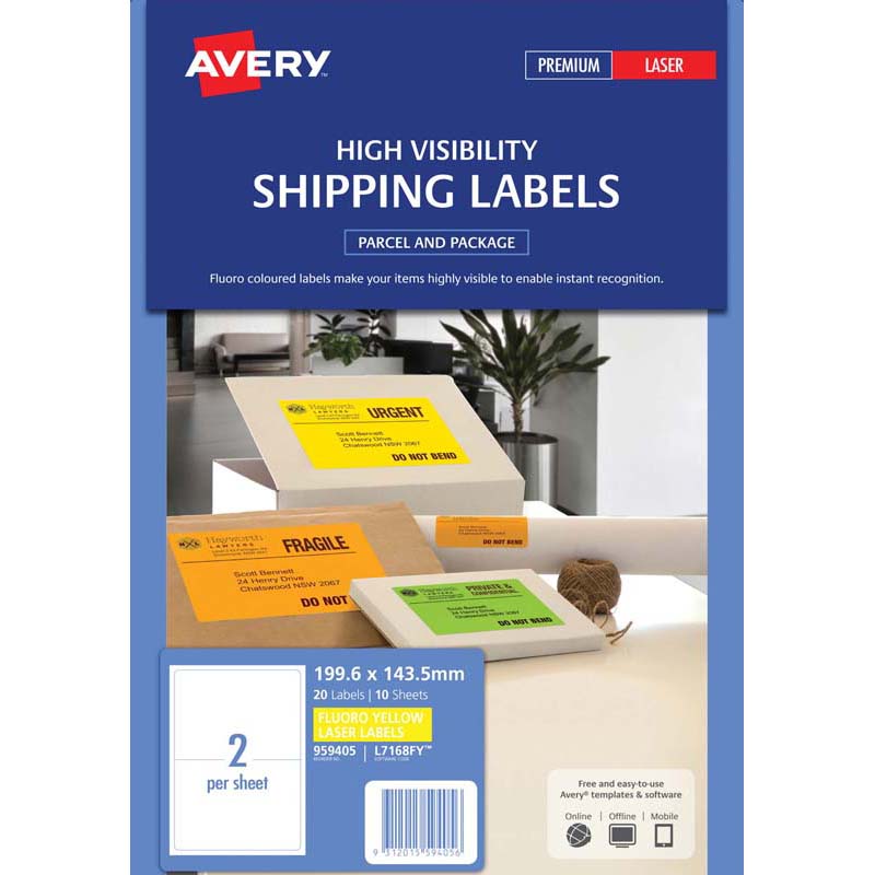 Avery Shipping Label L7168fy Fluoro Yellow 2 Up 10 Sheets Laser 199.6x143.5mm