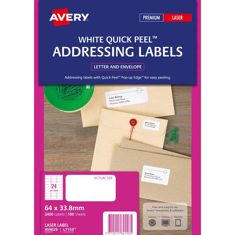 Avery Label L7159-100 Pop Up Quick Peel 64x33.8mm 100 Sheets