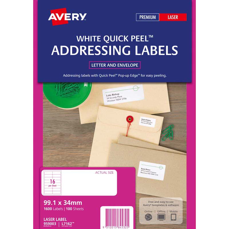 Avery Label L7162-100 Pop Up Quick Peel 99.1x33.9mm 100 Sheets