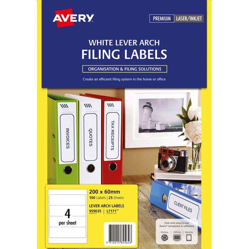 Avery Label L7171 Lever Arch 25 Sheets Avery Code: 959035 200 x 60 mm 100 Labels