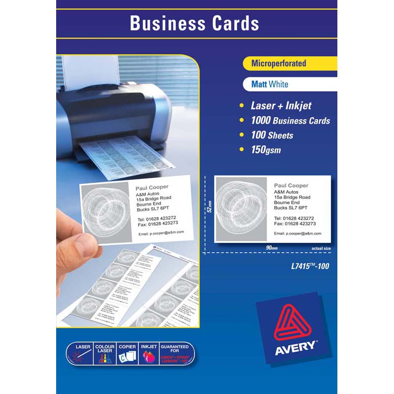 Avery Business Cards L7415-100 100 Sheets Inkjet Laser