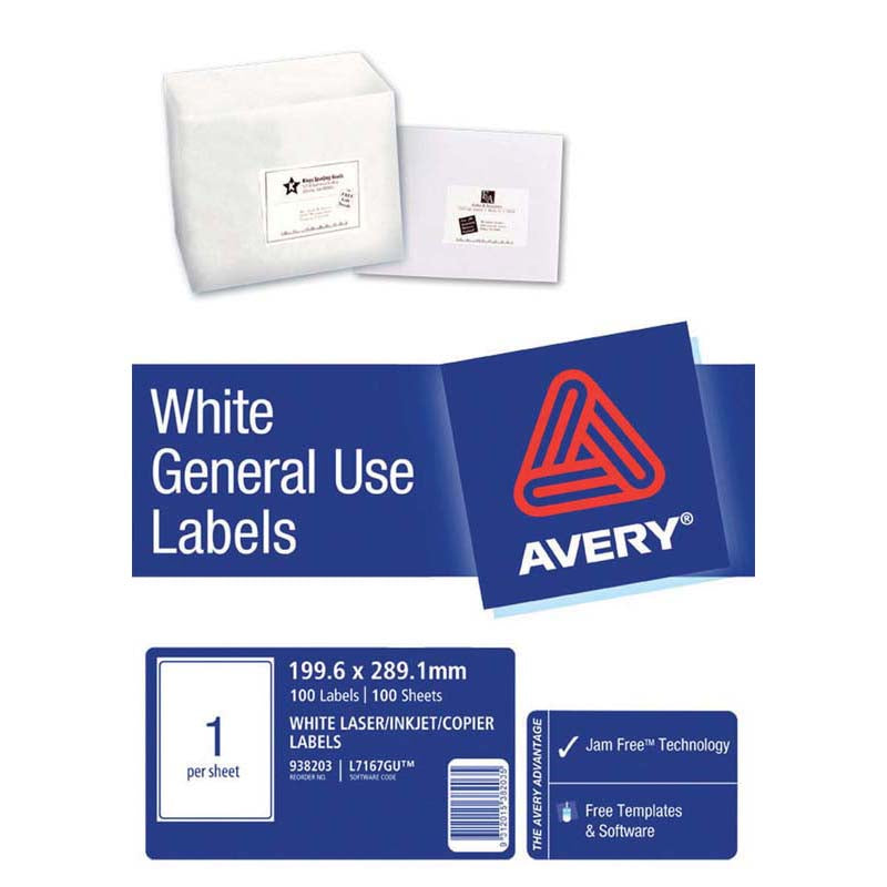 Avery Label L7167 General Use A4 1/Sheet 100 Sheets