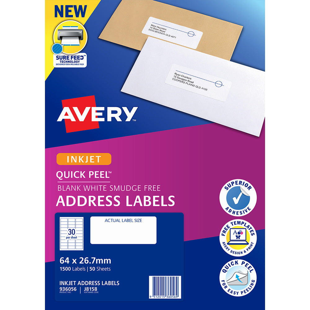 Avery Label J8158-50 Inkjet FSC Mix Credit 30up 50 Sheets
