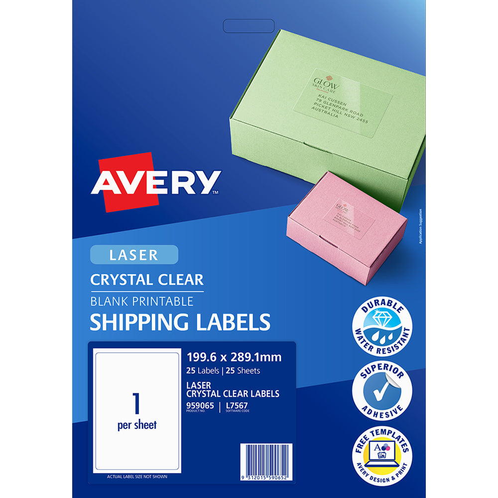 Avery Label L7567-25 Crystal Clear 199.6x289.1mm 25 Sheets
