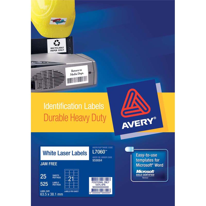 Avery Heavy Duty Id Label L7060 White 21 Up 25 Sheets Laser 63.5x38.1mm