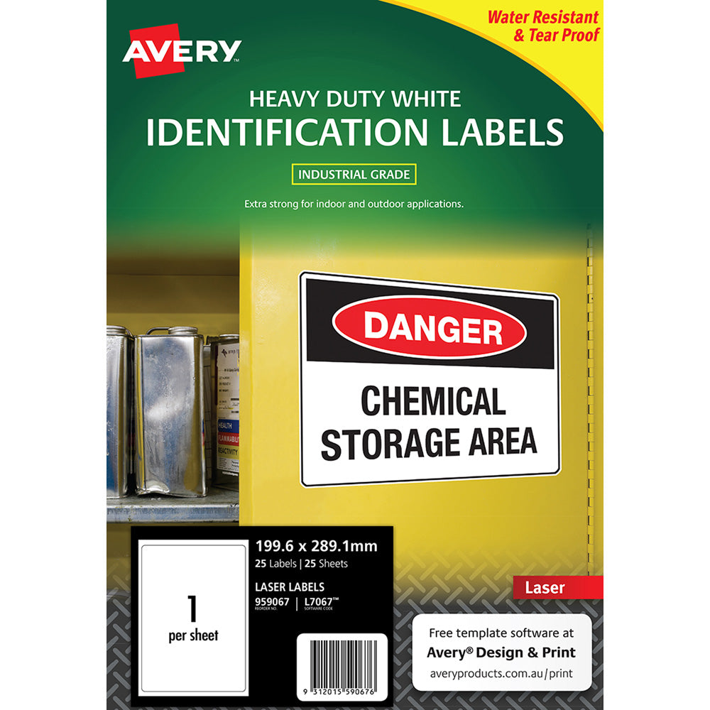 Avery Heavy Duty Id Label L7067 White 1 Up 25 Sheets Laser 199.6x289.1mm (Acme) Avery Code 959067