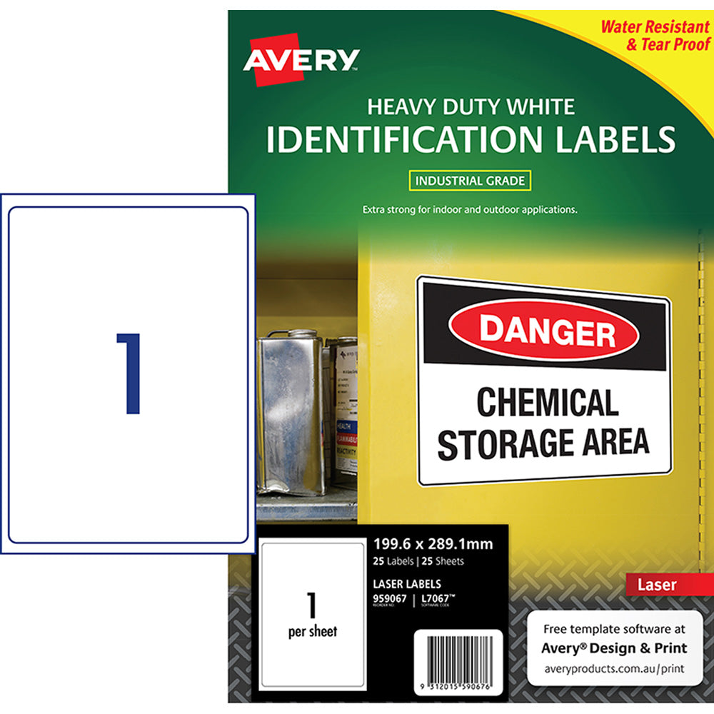 Avery Heavy Duty Id Label L7067 White 1 Up 25 Sheets Laser 199.6x289.1mm (Acme) Avery Code 959067