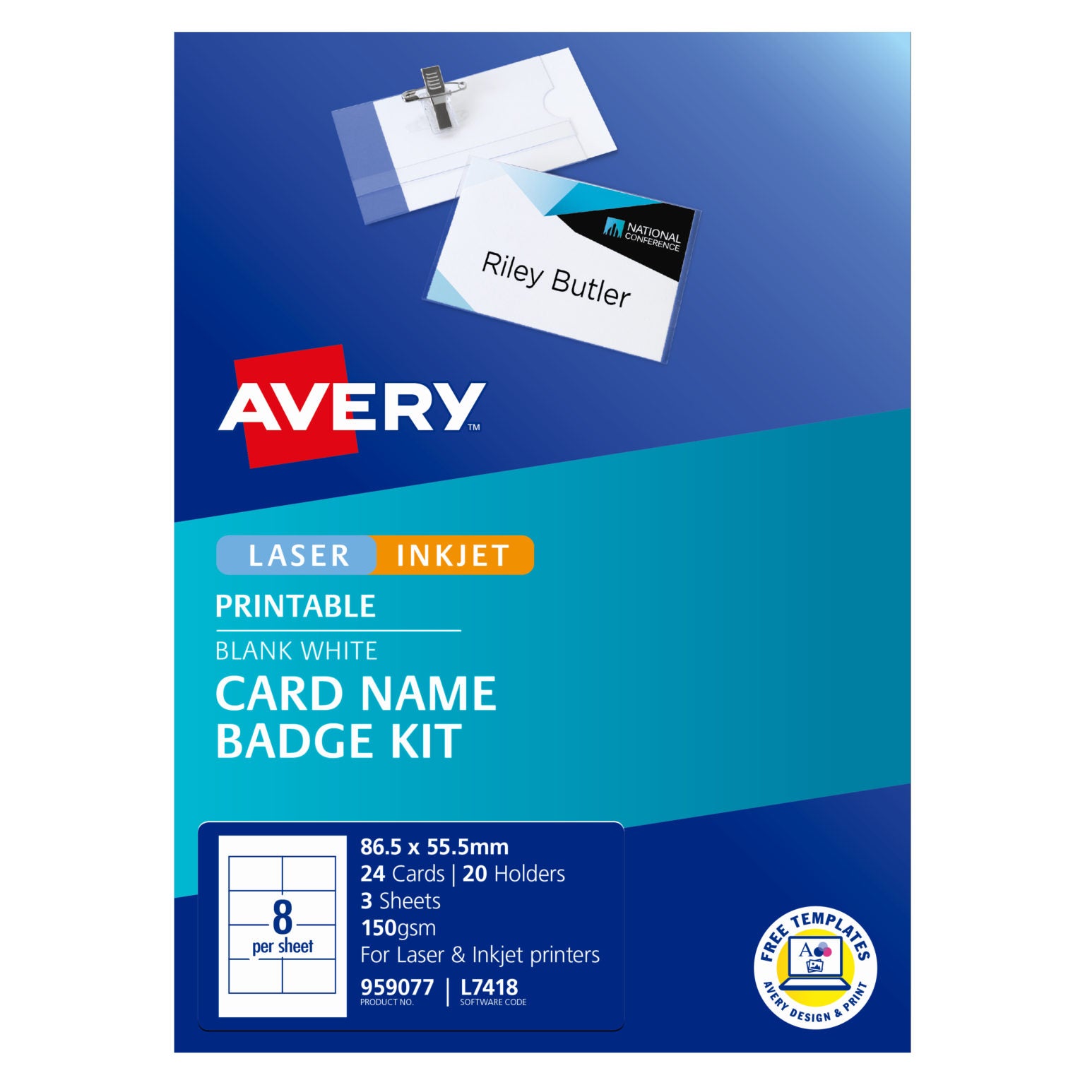 Avery Card Name Badges Kit 86.5x55.5mm 8up 3 Sheets Inkjet Laser