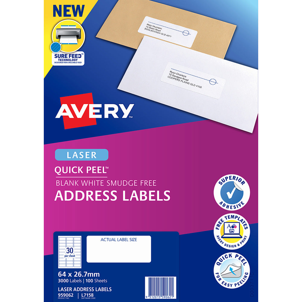 Avery Label L7158-100 64x26.7mm FSC Mix Credit 30up 100 Sheets