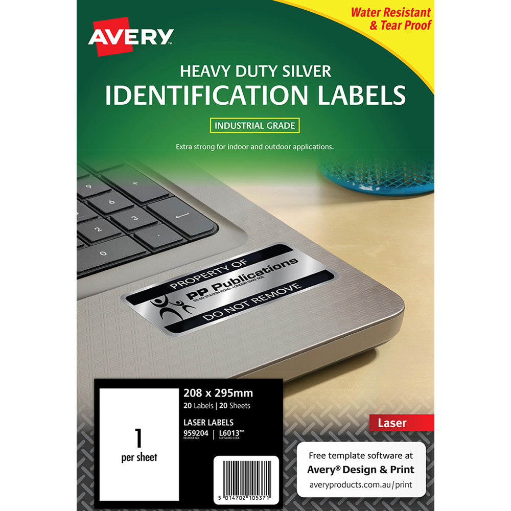 Avery Heavy Duty ID Label L6013 Silver Laser 199.6x289.1mm 1up 20 Sheets