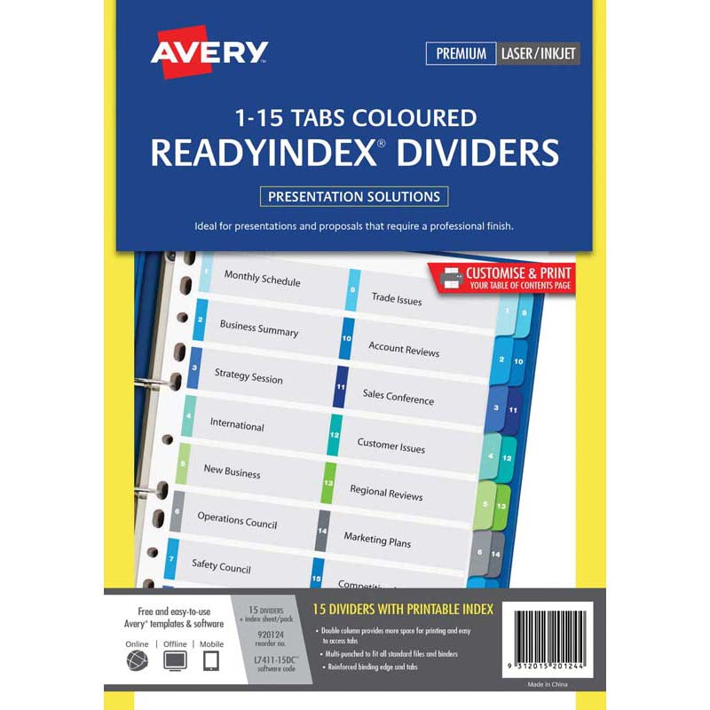 Avery Dividers A4 1-15 Tab Coloured Reinforced Manilla Double Column