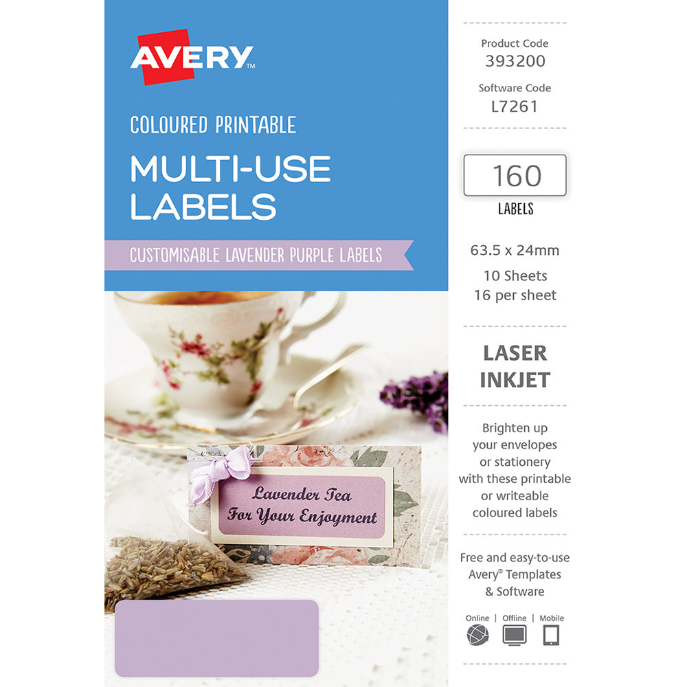 Avery Labels L7261 Lavender 63.5x24mm A5 16up 10 Sheets