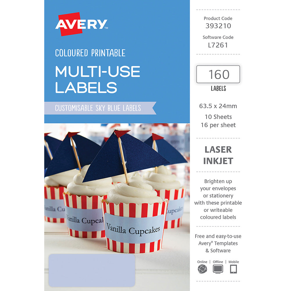 Avery Labels L7261 Sky Blue 63.5x24mm A5 16up 10 Sheets